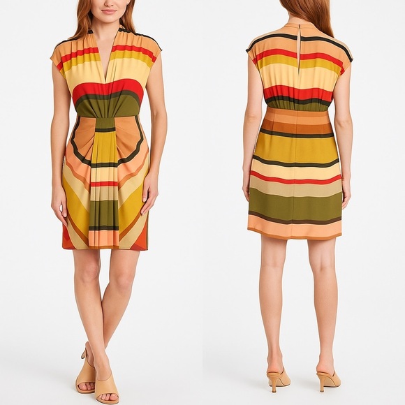 Toccin NYC Sarong Dress Multicolor Striped Pleated Front Sheath Dress Size 4 - Picture 11 of 11